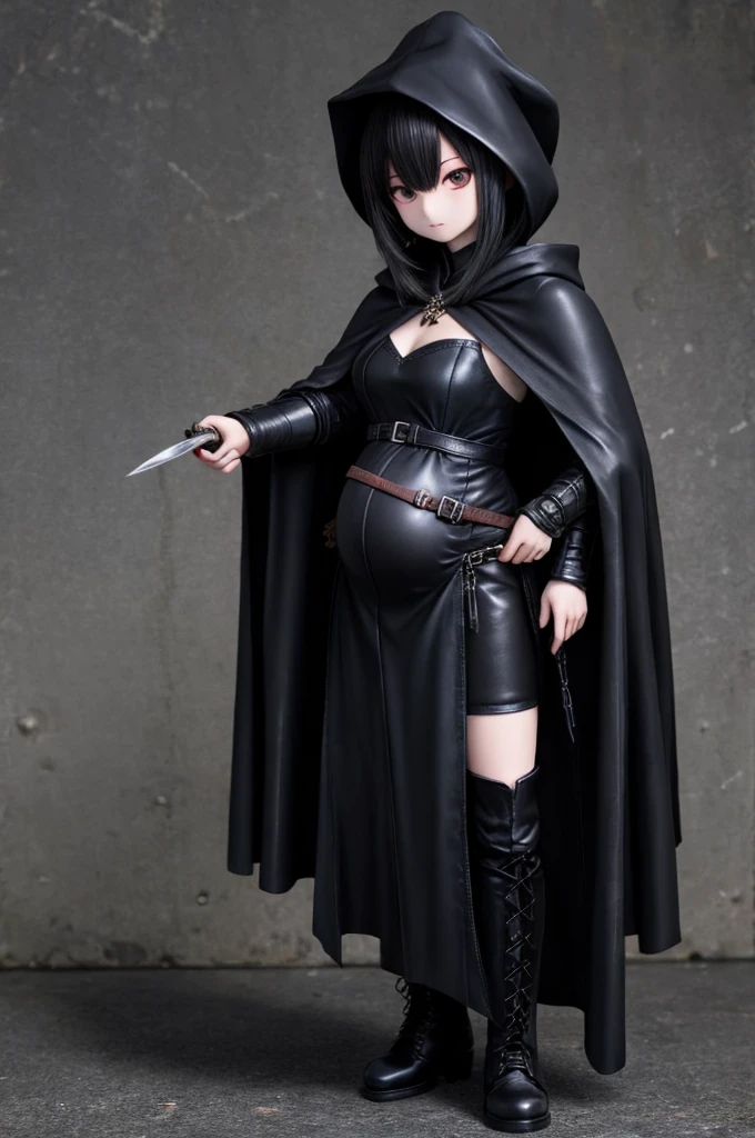 Woman wearing a black cloak、Pregnant Thief、Holding a knife、Black Leather Boots、leather armor