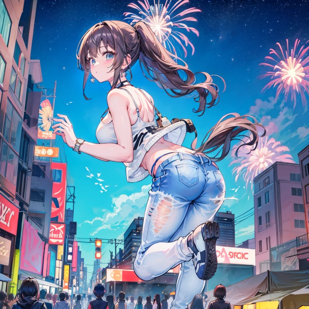 Composition viewed from below　masterpiece　back　Butt　Anime Style　Delicate painting　4K　90's　giant　　 　　Metropolis　　　crowd　Crowd of people　Giant girl standing in the city valley　Denim pants　Big Breasts　White T-shirt　Summer clothes　No sleeve　Tank top　White Bra　Her underwear is visible　Sweating profusely　Private Server　sneakers　White socks　watch　Black Hair　ponytail　smile　night　月night　Countless fireworks　female giant giant girl Whole body 　 Crowd Unreal Engine,cleavage ,a drawing of a , earrings, long hair,Cute picture　Beauty　Analog style　whole body　sneakers