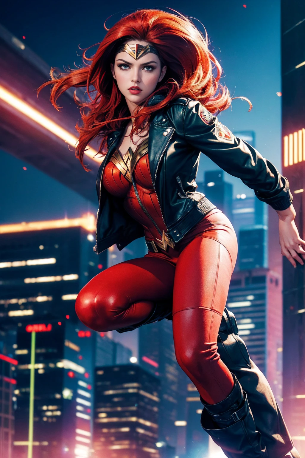 best qualityer,ultra detali,realisitic) swirly vibrant colors,comic-book style,(studio lighting,sharp focus) female superhero in action,jumping no ar,powerful posture,with a golden ribbon of truth,Defending the innocent,courageous and confident,(Stunning red lips,eyes full of determination),Flying through a dynamic cityscape,with towering skyscrapers and bustling streets, futuristic technology,Explosions and chaos,a symbol of strength and justice,Inspiring Hope and Courage.  ((one red hair , classic 70s look with green eyes (biker jacket) Wonder Woman) () (