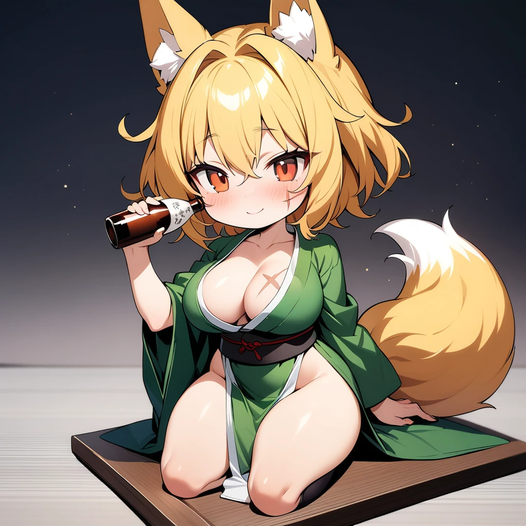 (masterpiece,best quality,very aesthetic),super-fine illustration,high saturation,BREAK,solo,1girl,(acrylic stand,chibi,1girl chibi Character of acrylic stand:1.4),30 years old,curvy,large breasts,tall,stout build,bewitching,(fox tail),blonde fox ears,short hair,blonde hair,beautiful face,(brown eyes),(half closed eyes:0.5),(messy hair),disheveled hair,hair intakes,(dark green kimono,pelvic curtain:1.2),light smile,sitting,drunk,comfortable,drinking,japanese sake bottle,tabi,(scar on cheek,scar on breasts:1.2),sideways glance