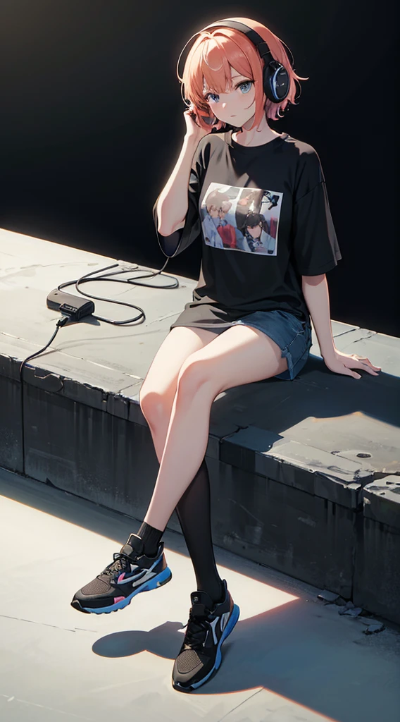 Top Quality, 8K, 4K, High Definition, Detail, (better-quality, 8K, 12), top-quality, 1 girl, short hair, she siting, wearing headphones, music effect around, full body, black background, shirt design, 90s type vibe,
