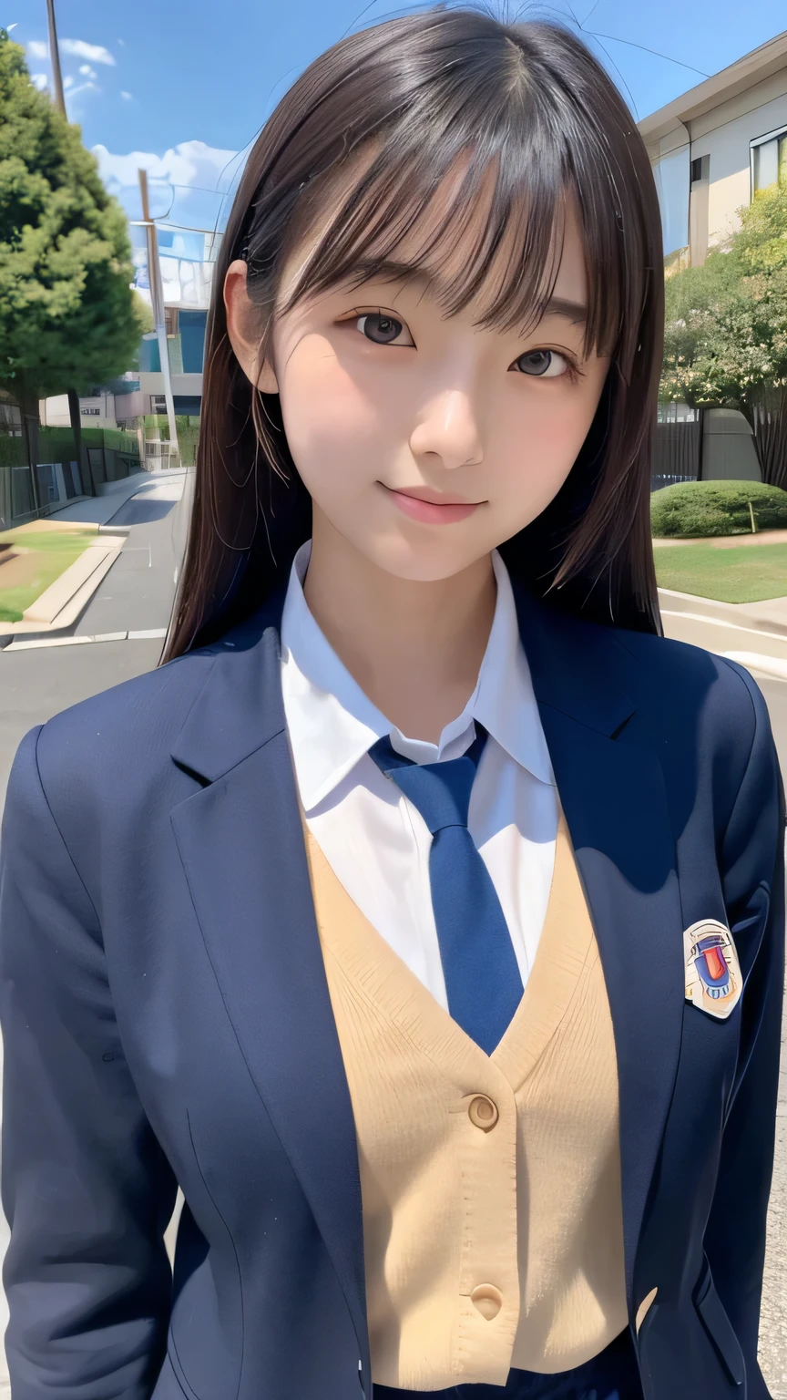 (masterpiece:1.2), Japanese, (18 years old), (((a girl))), (school blazer uniform), collared shirt, outdoor, plump, sunshine,
