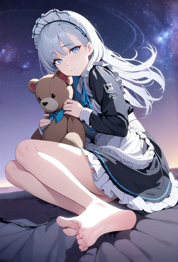 (((masterpiece))), (((best quality))),(((high detail))),light manipulation, girl with long silver hair, gradient purple to sky blue eyes, wearing a maid outfit, galaxy background, holding a teddy bear, feet, no footwear