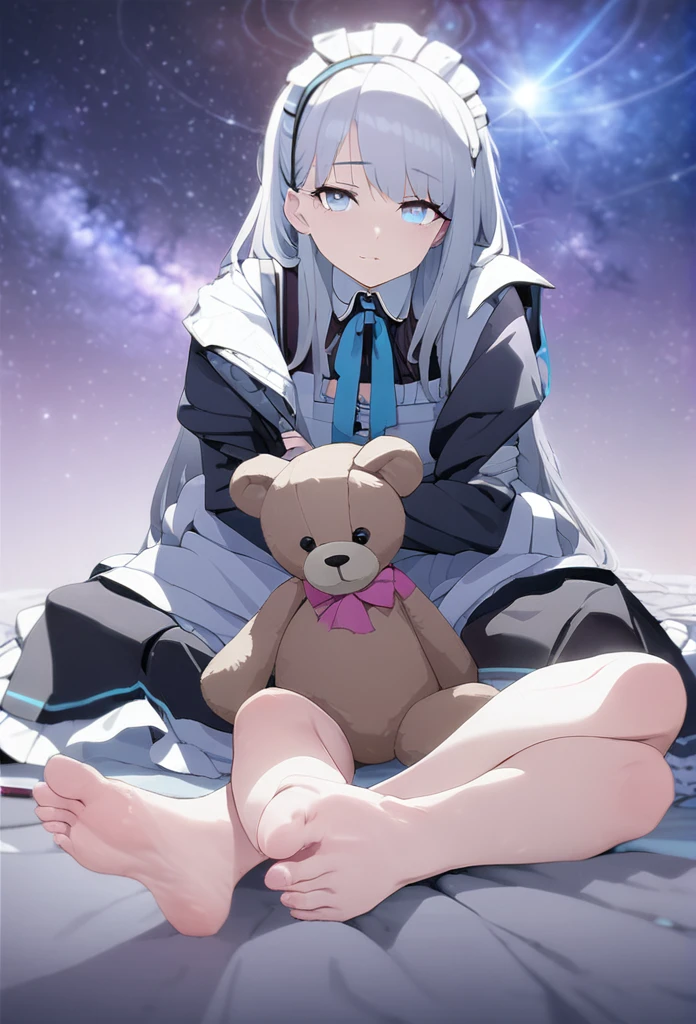 (((masterpiece))), (((best quality))),(((high detail))),light manipulation, girl with long silver hair, gradient purple to sky blue eyes, wearing a maid outfit, galaxy background, holding a teddy bear, feet, no footwear