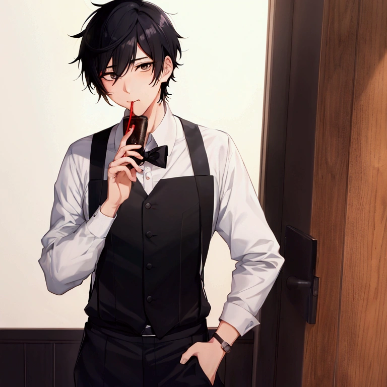 Boy Anime with black hair and black eyes wearing suspenders, anime moe art style, young anime man, eat and drink, handsome anime man, beautiful anime pose, Boy Anime, boy has short black hair, anime portrait of a handsome man, a handsome man,black short hair, male anime character, Ilya Kuvshinov with long hair, male anime style