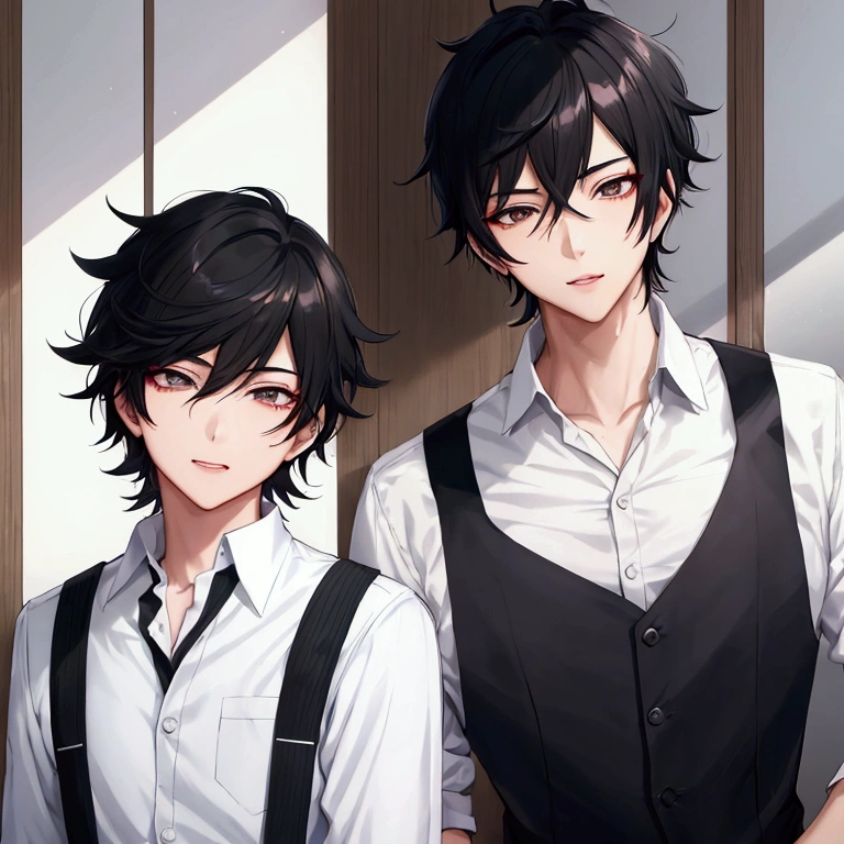 Boy Anime with black hair and black eyes wearing suspenders, anime moe art style, young anime man, eat and drink, handsome anime man, beautiful anime pose, Boy Anime, boy has short black hair, anime portrait of a handsome man, a handsome man,black short hair, male anime character, Ilya Kuvshinov with long hair, male anime style