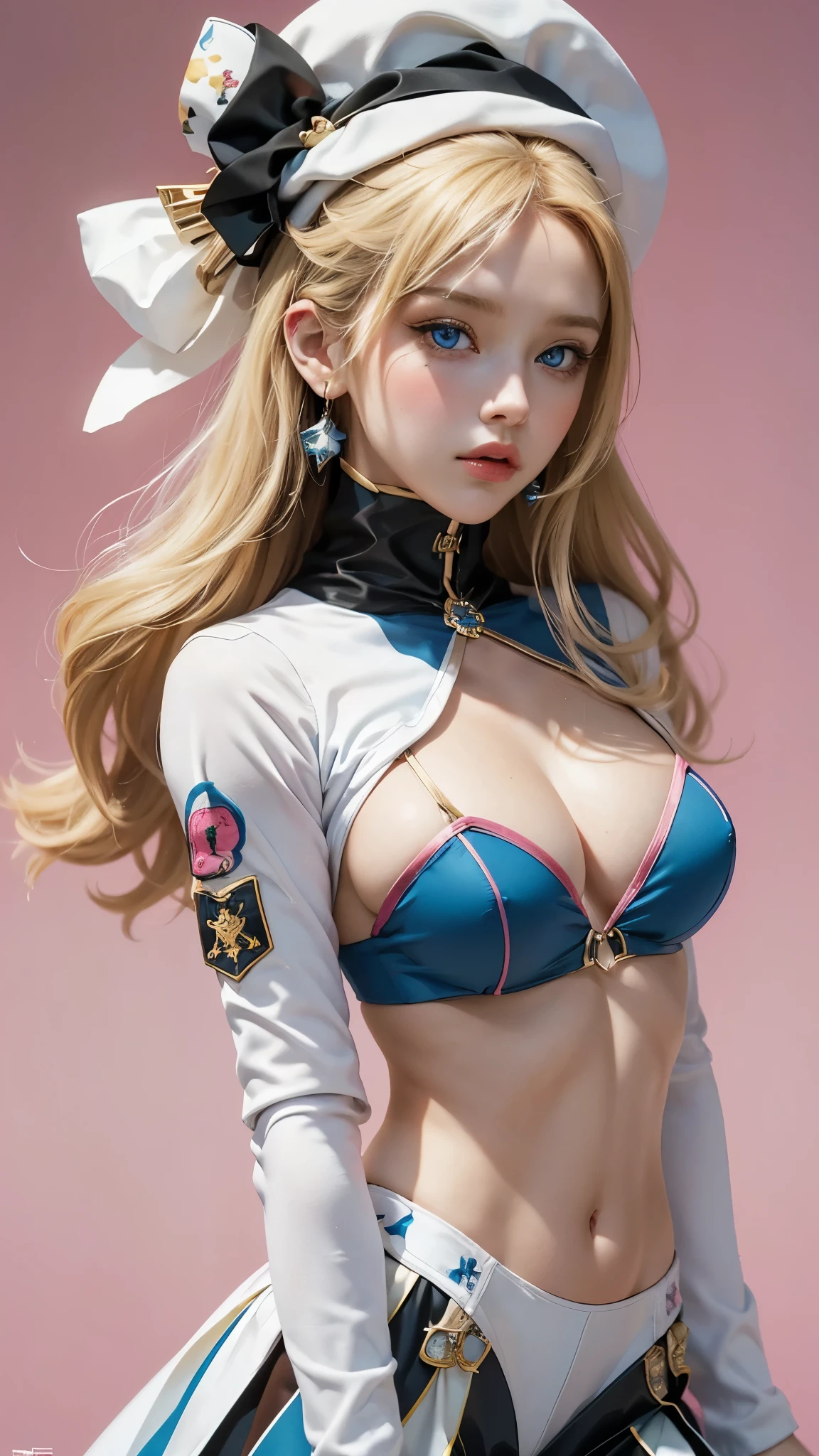 ((masterpiece, best quality, photorealism, RAW quality)), (BLONDE girl with a perfect face, blue eyes, sharp pupil), ((wearing a harlequin outfit composed of patches of different colors, tight to the body)), (add makeup with bright colors or black and white to highlight your eyes and look spectacular), harlequin hat decorated with bells, lots of gools dancing everywhere. (SHE distressed), Pink background.