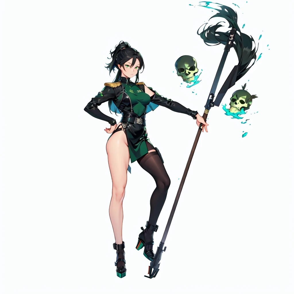 masterpiece,best quality,1girl,right hand in waist,azur lane al azuma,\(herrscher of finality\),solo,full body,black hair with dark green shades,full body, full body black collant,+ +,closed mouth,angry expression,wutherin waves\(series\),bronze high heels, holding a great black halderd, three floating black skulls engulfed in green fire, anime character sheet