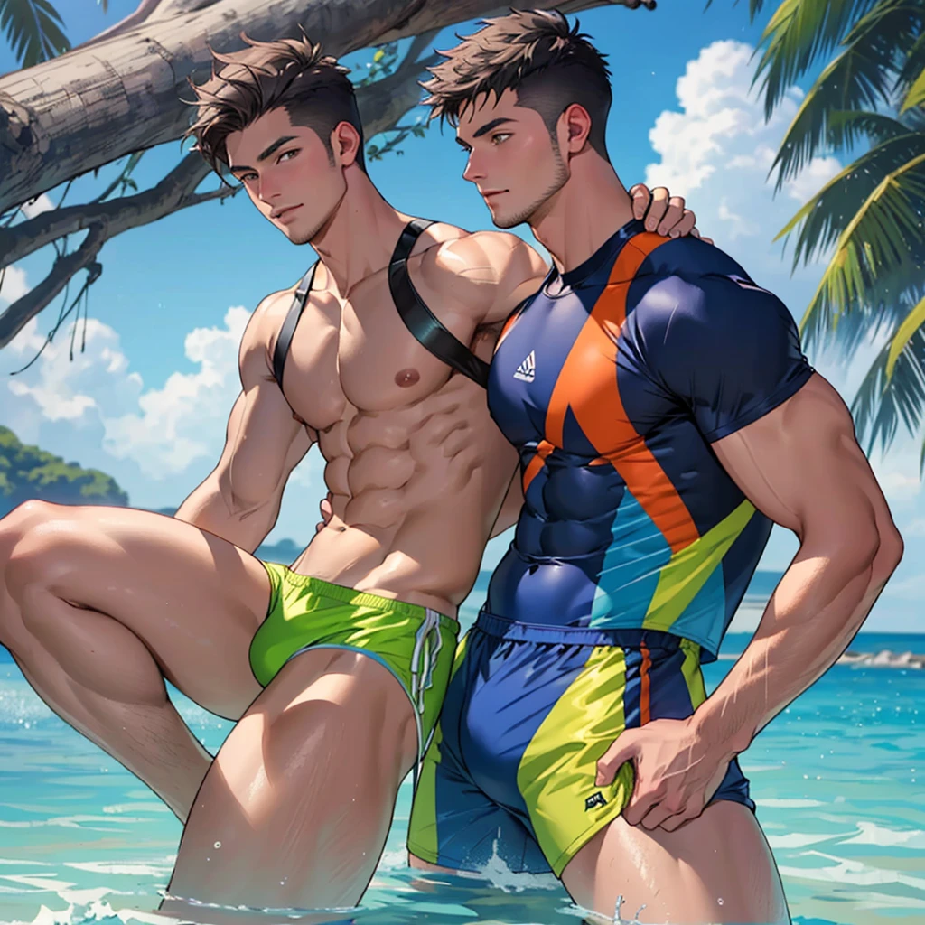 ((Highest quality)), ((masterpiece)), (detailed), gay swimwear men short hair