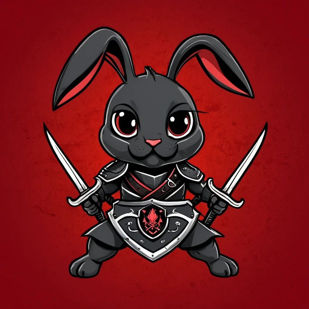 「strength『Scorpio Rabbit』のstrength章を作成してください。strength章には以下の要素が含まれることを希望します: - A rabbit base with a touch of scorpion element - (Cute deformed design:1.6) - Incorporating some elements of crossed swords and shields - Simple design - Red and black tones in the background symbolize determination and unity in the fight」