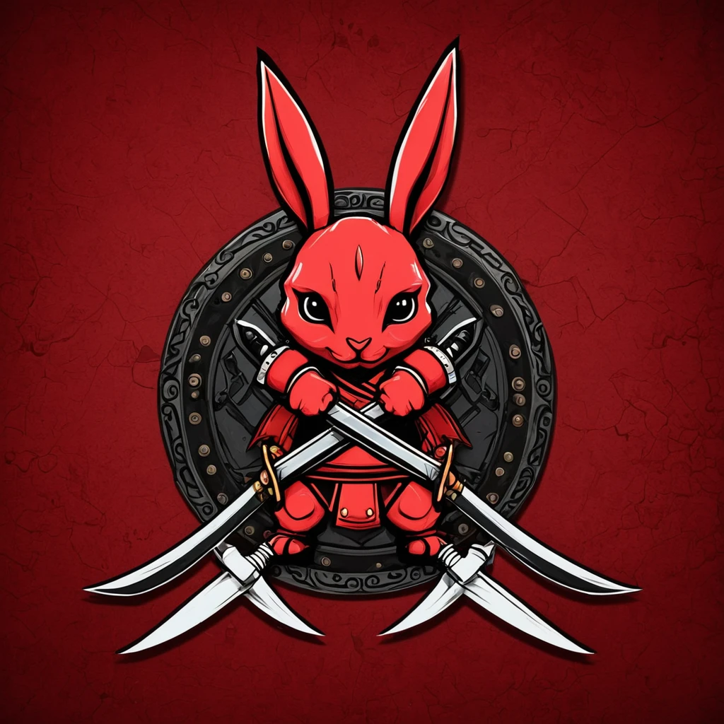 「strength『Scorpio Rabbit』のstrength章を作成してください。strength章には以下の要素が含まれることを希望します： - A rabbit base with a touch of scorpion element - (Cute deformed design:1.6) - Incorporating some elements of crossed swords and shields - Simple design - Red and black tones in the background symbolize determination and unity in the fight」