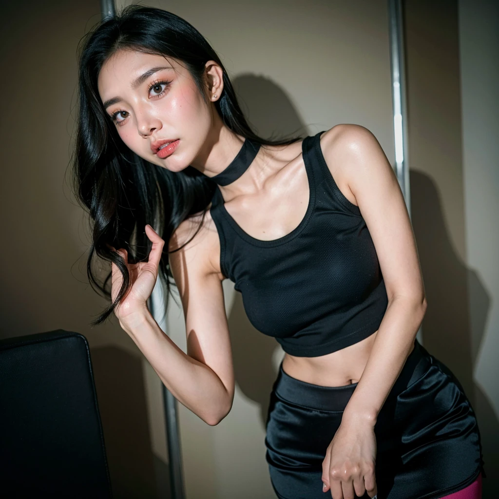best quality, ultra high res, (photorealistic:1.4), 2girl, tanktop black shirt, black tight skirt, black choker, (faded ash gray hair:1), medium breasts, looking at viewer, closeup, (pretty face) , southeast asia girl.