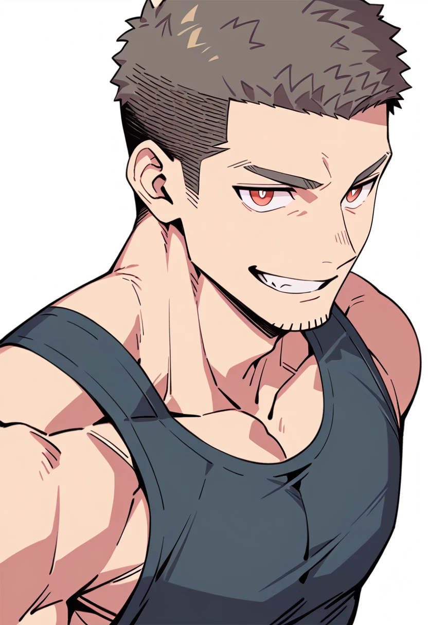 anime characters：Priapus, Muscle Sports Student, Buzz Cut, Manliness, male focus, Sports tight hooded sweatshirt, Very tight, full and perky chest muscles, muscular male, muscular, only, Upper body, alone, Red short hair, Thick eyebrows, stubble, Brown-red pupils, White background, simple background, amazing quality, best aesthetics, Ridiculous, crew cut, smirk, bright pupils, grin, negative space, negative space, best quality