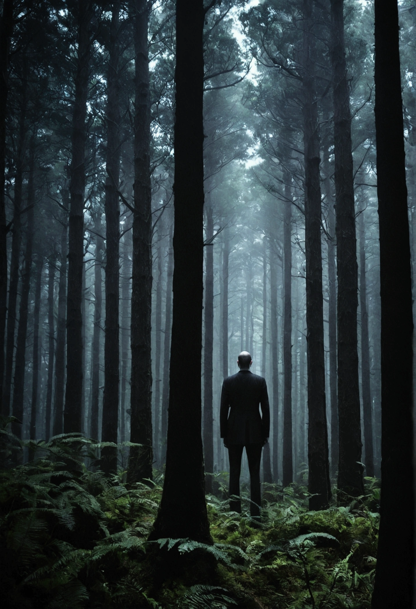 A tall man standing in a very dark forest