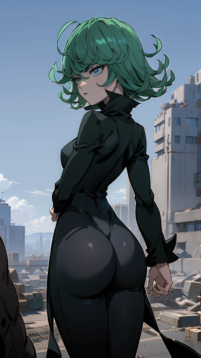 Anime art style, tatsumaki from one punch man, green hair, white skin, standing on destroyed city, cinematic lights,  beautiful scenery. The dress is covering her ass, closed mouth, turtleneck, looking back, from behind, ass focus, standing, detailed eyes, half-closed eyes, curvy, wide hips, covered navel, impossible clothes, outdoors, night, sky, clouds, stars, streetlights, lights, buildings, plants, bushes, (narrowed eyes:1.2), (squinted eyes:1.2), BREAK masterpiece, best quality, highly detailed background, perfect lightingbest quality, ((shiny skin, glossy skin, detailed skin)), (((detailed lips))), (((detailed eyes)))