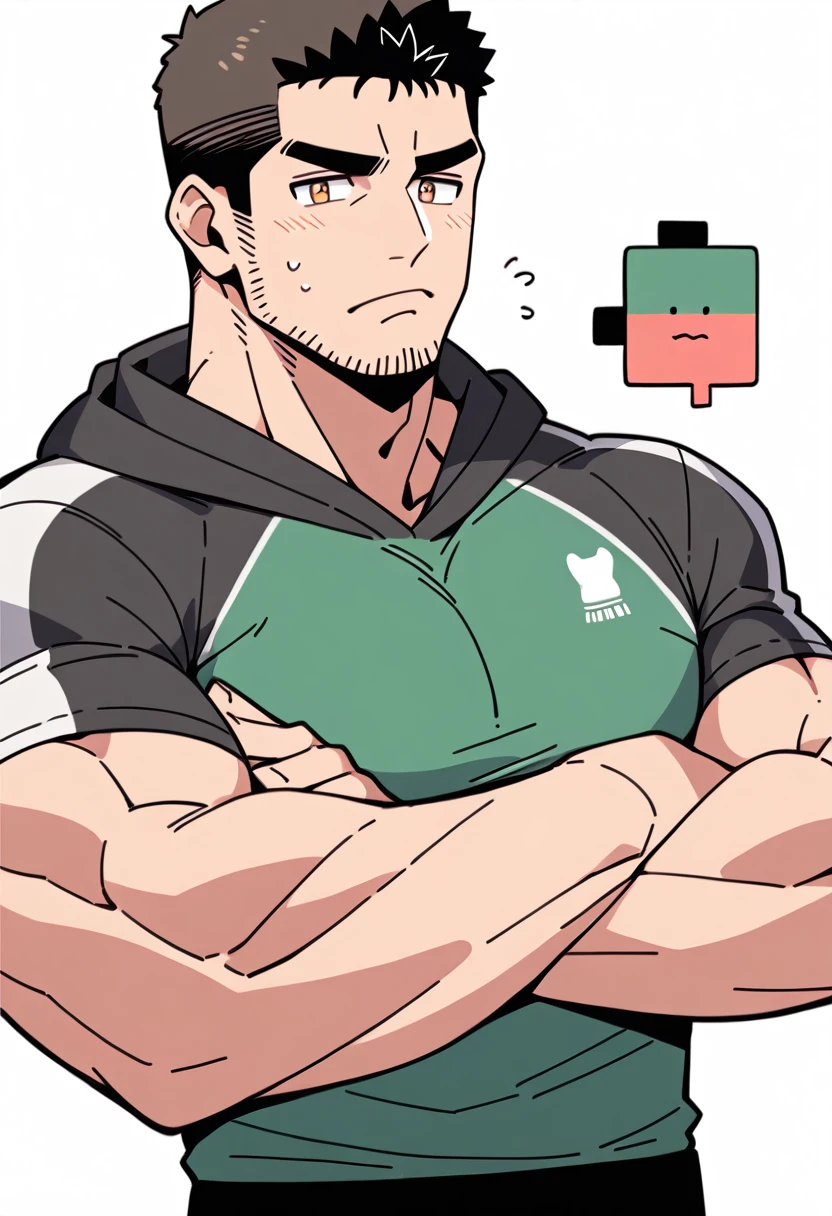 anime characters:Chris Redfield, Muscle Sports Student, Buzz Cut, Manliness, male focus, Sports tight hooded sweatshirt, Wear a black high-necked tights inside, Very tight, Huge chest muscles, muscular male, muscular, only, Upper body, alone, Red short hair, Thick eyebrows, stubble, Brown-red pupils, White background, simple background, amazing quality, best aesthetics, Ridiculous, crew cut, embarrassed, frown, nervous, negative space, best quality