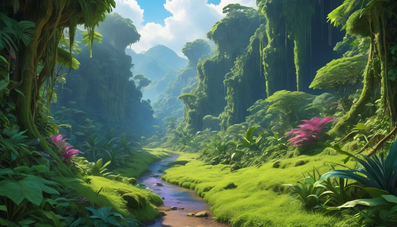 (Ambient Occlusion):1.6, (Global Illumination):1.6, (Scattered beneath the surface):1.4, Volumetric Rendering, (Beautiful color gradation) Cinematic, UE5, (masterpiece, 最high quality, high quality, High resolution), Rainforest, Cinematic lighting, (Sky Jungle), Vector art, Cropped image, close,
break
(10_Jungle undergrowth painting):1.1, Vegetation, too much growth:1.3, Grapevine, leaf, plant, ("Dense and vast panoramic view:1.5. Jungle"), Wide view of the jungle, Waterfall in the distance, (Purple Jungle:0.3, Blue Jungle ), Volume-rendered blue fog, Grass and moss on the ground, Gentle hills, Exotic scenery, Jungle landscape, Cute Stream,
break,
Feather Stroke, complicatedな背景, Soft and delicate details, complicated, (Futurism:1.25), (Impressionism:1.25), colorful, (Majestic), Charm, (I can't resist:1.3), Charmな, The best details, 16K, 超High resolution, High resolution, 最high quality, 8k, Realistic, truth, High resolution, 6000K,