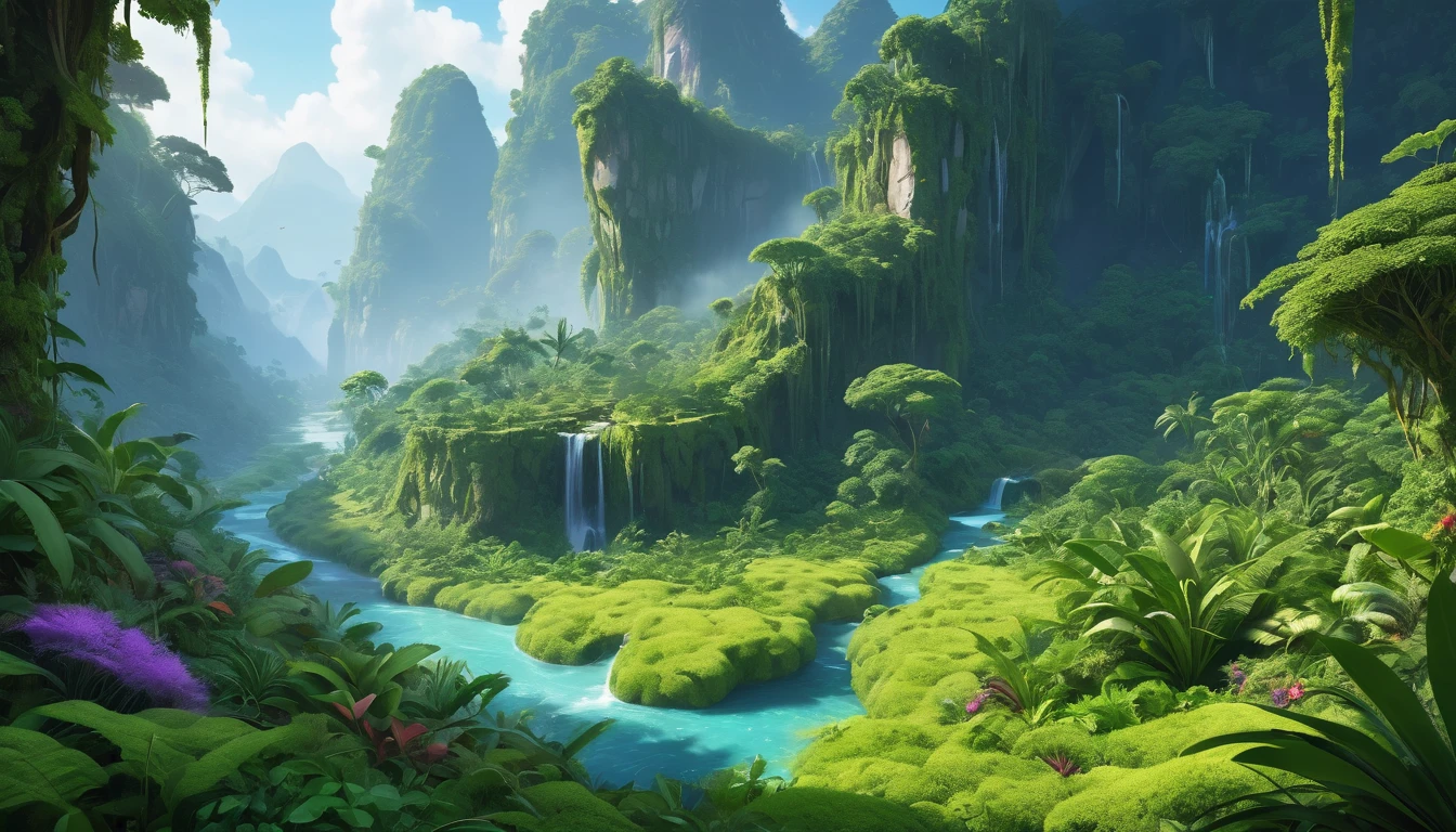 (Ambient Occlusion):1.6, (Global Illumination):1.6, (Scattered beneath the surface):1.4, Volumetric Rendering, (Beautiful color gradation) Cinematic, UE5, (masterpiece, 最high quality, high quality, High resolution), Rainforest, Cinematic lighting, (Sky Jungle), Vector art, Cropped image, close,
break
(10_Jungle undergrowth painting):1.1, Vegetation, too much growth:1.3, Grapevine, leaf, plant, ("Dense and vast panoramic view:1.5. Jungle"), Wide view of the jungle, Waterfall in the distance, (Purple Jungle:0.3, Blue Jungle ), Volume-rendered blue fog, Grass and moss on the ground, Gentle hills, Exotic scenery, Jungle landscape, Cute Stream,
break,
Feather Stroke, complicatedな背景, Soft and delicate details, complicated, (Futurism:1.25), (Impressionism:1.25), colorful, (Majestic), Charm, (I can't resist:1.3), Charmな, The best details, 16K, 超High resolution, High resolution, 最high quality, 8k, Realistic, truth, High resolution, 6000K,