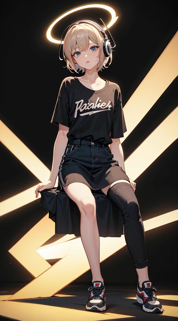 Top Quality, 8K, 4K, High Definition, Detail, (better-quality, 8K, 12), top-quality, 1 girl, short hair, she siting, wearing headphones, music effect around, full body, black background, shirt design, 90s type vibe,
