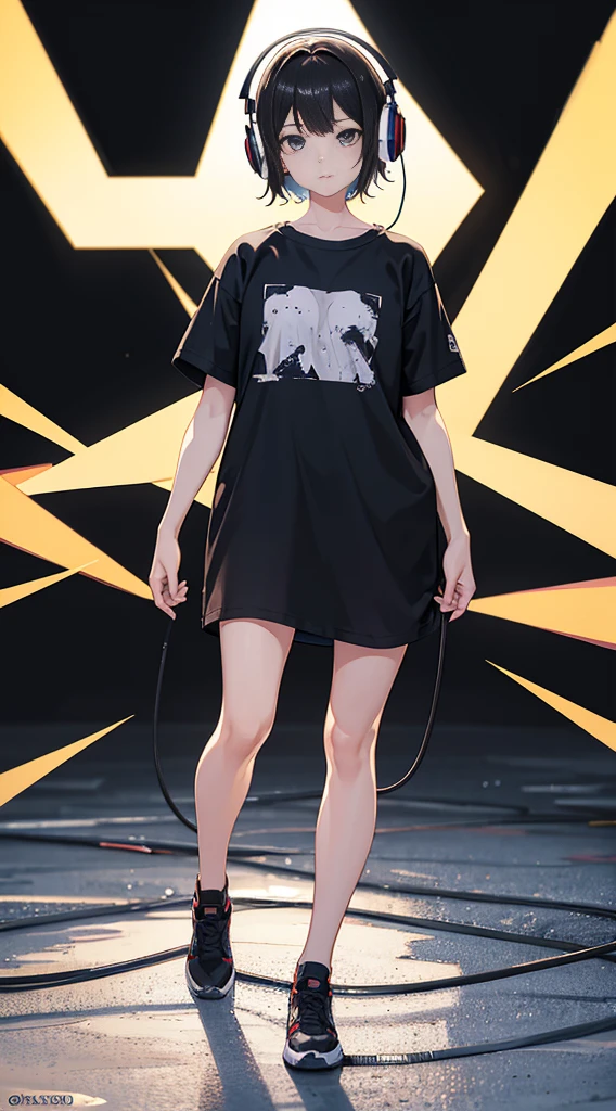 Top Quality, 8K, 4K, High Definition, Detail, (better-quality, 8K, 12), top-quality, 1 girl, short hair, she siting, wearing headphones, music effect around, full body, black background, shirt design, 90s type vibe,
