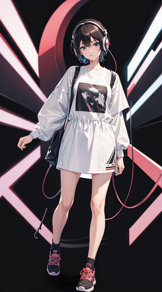 Top Quality, 8K, 4K, High Definition, Detail, (better-quality, 8K, 12), top-quality, 1 girl, short hair, she siting, wearing headphones, music effect around, full body, black background, shirt design, 90s type vibe,
