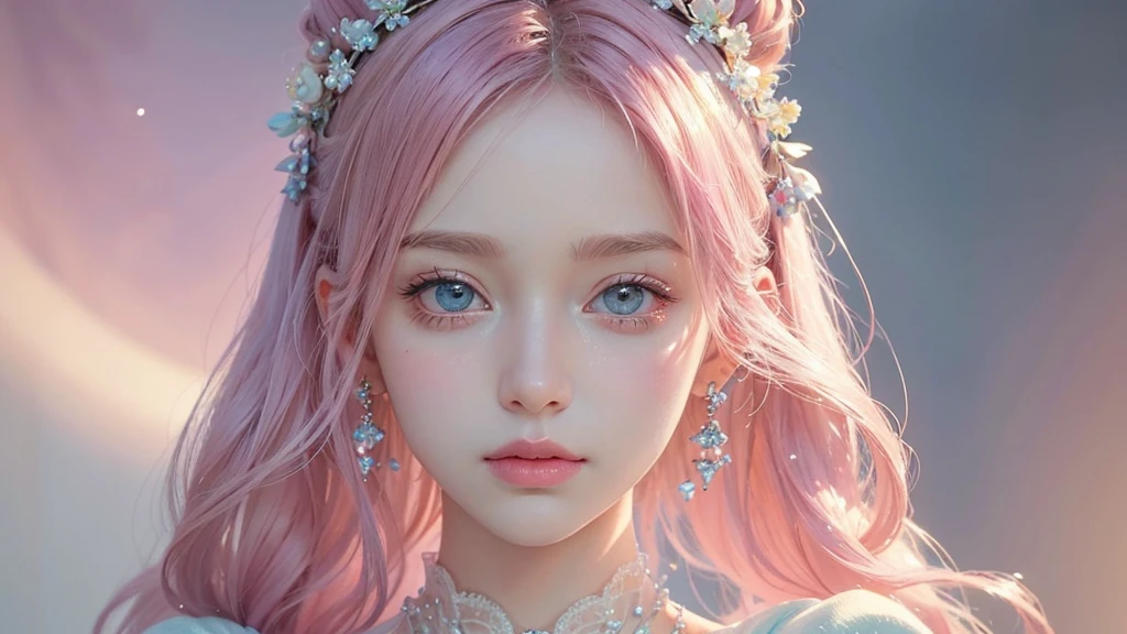 ((masterpiece)). This work is dreamy and fantastical., Soft pink watercolor shades. Generates delicate magical women exploring the bubble gum world in a variety of pastel colors. Her sweet face is extremely detailed and realistic with elegant, Mature features, Puffy, Big lips and stunning, Extremely realistic eyes. Her eyes are important、Be realistic, Very detailed, And it's beautiful. High resolution and detail, Include many details like stars, Milky Way, Colorful bubbles, Colorful petals, And a lot of energy and emotion! Stars and colorful bubblegum bubbles are important! Include fantasy details, Enhanced Details, iris, Colorful sparkling wind, And pollen. Pay special attention to her face、Make sure it's beautiful and realistic in detail。. The image is dreamy、It has to be fantastical..8k, Complex, elegant, Very detailed, Majestic, Digital photography