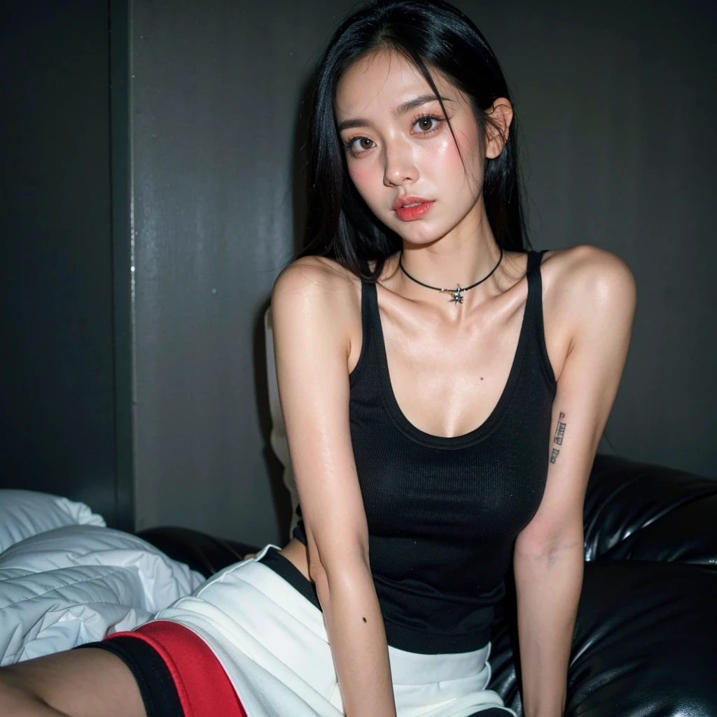 best quality, ultra high res, (photorealistic:1.4), pretty girl, tanktop black shirt, black tight skirt, black choker, (faded ash gray hair:1), medium breasts, looking at viewer, closeup, (pretty face) , southeast asia girl.