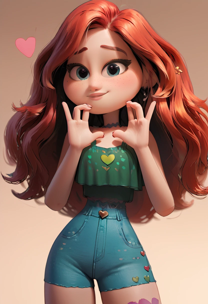Chelsea, 1 girl, standing alone, jewerly, long hair, Red hair, aretes, ssmile, heart sign with hands, looking ahead at viewer, eyes black, green regatta, tight denim shorts, ((whole body)), coxas nuas, curves, nice legs, 正面, pose, best qualityer, no flaws