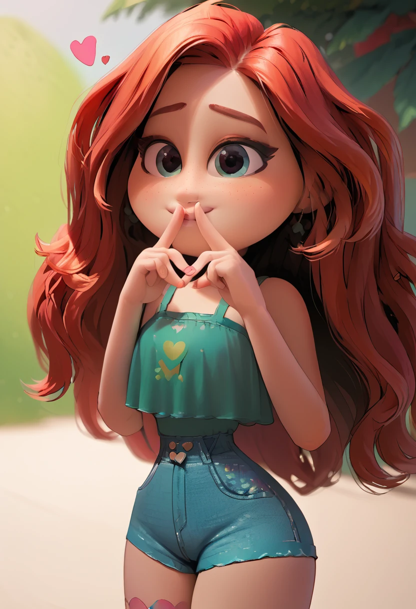 Chelsea, 1 girl, standing alone, jewerly, long hair, Red hair, aretes, ssmile, heart sign with hands, looking ahead at viewer, eyes black, green regatta, tight denim shorts, ((whole body)), coxas nuas, curves, nice legs, 正面, pose, best qualityer, no flaws