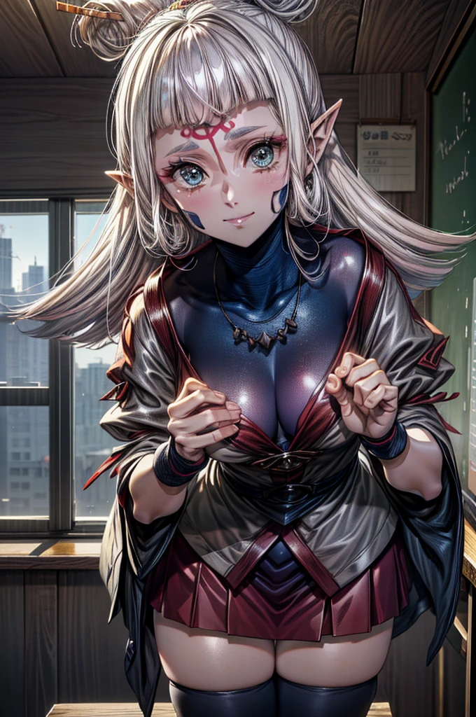 (masterpiece:1.1), (best quality:1.1), 1girl, Real light and shadow, anime face, 4k, 8k, wallpaper,epic, detail texture, Paya, elf ears, pointy ears, White hair, Dark skin, tanned skin, (blue eyes:1.5), ((((white hair:1.35, long hair)))),intricate eyes,beautiful detailed eyes, (symmetrical eyes,big eyes:1.5,(((lustrous skin:1.5,bright skin: 1.5,skin tanned,shiny skin,very shiny skin,shiny body,plastic glitter skin,exaggerated shiny skin,illuminated skin))),(detailed body,(detailed face)), cute, erotic,daring, Desert,((, skirt, thighhighs, zettai ryouiki, , shirt, red shirt, shawl, harogomo, pink skirt, puffy sleeves, juliet sleeves, long sleeves, indoors, classroom, bent over, smile,))),happy,smile,(centered,scale to fit dimensions,Rule of thirds), scenery:1.25, highres,sharp focus,(ultra detailed,extremely detailed),(photorealistic artwork:1.37),(extremely detailed CG unity 8k wallpaper),(((vibrant colors,vibrant theme))),(intricate),(masterpiece),(best quality), ,