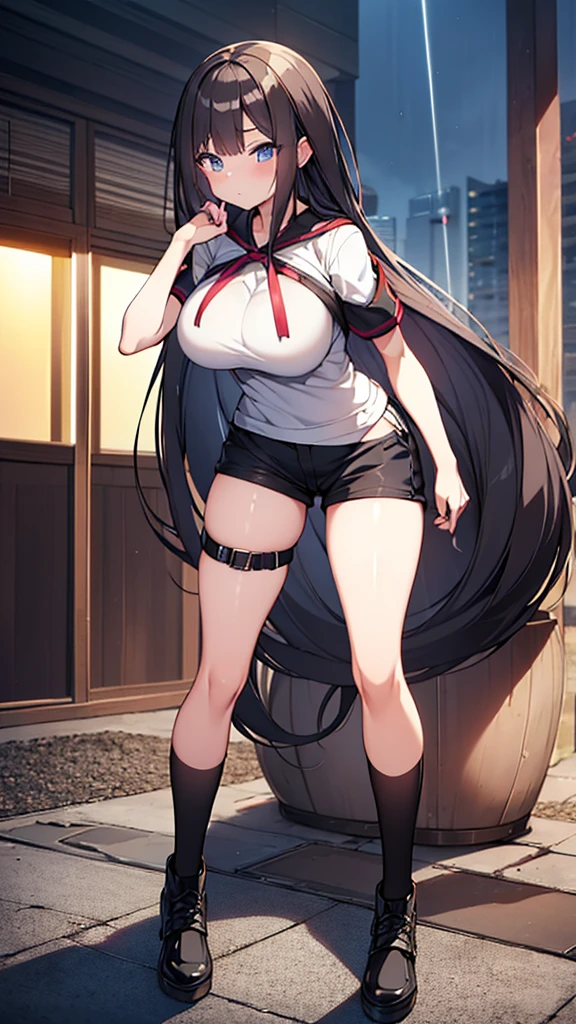 Full body image, front, One girl, 18-year-old, Mix 4, (32K, RAW Photos, Highest quality, masterpiece:1.2), (Anime-like, photoAnime-like:1.37), cute, Short sleeve T-shirt,Shorts,Black knee socks, night, rain, Humidity, Professional Lighting, Photon Mapping, Radio City, Physically Based Rendering, Super Resolution, (Big Breasts:1.2), {{The biological weapon that had preyed on the younger sister took her place and reunited with the older brother, The rebellious little sister has become the obedient little sister}}, Girl Skull, whole body, NSFW