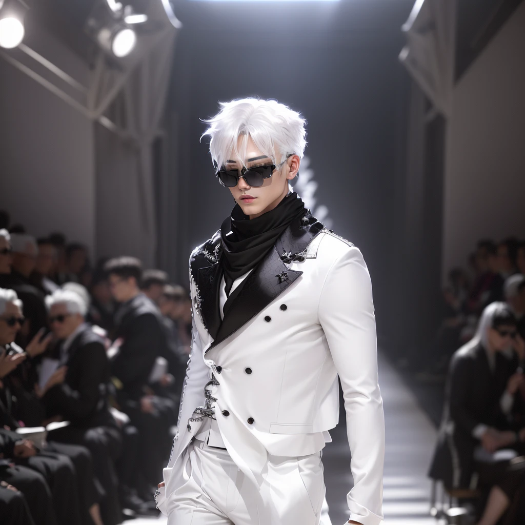 arafed male model with white hair and sunglasses on runway, on the runway, south korean male, ji-min, runway photo, menacing look, taejune kim, seseon yoon, male model, ray of light through white hair, inspired by jeonseok lee, jinyoung shin, inspired by Kim Myeong-guk, in white turtleneck shirt