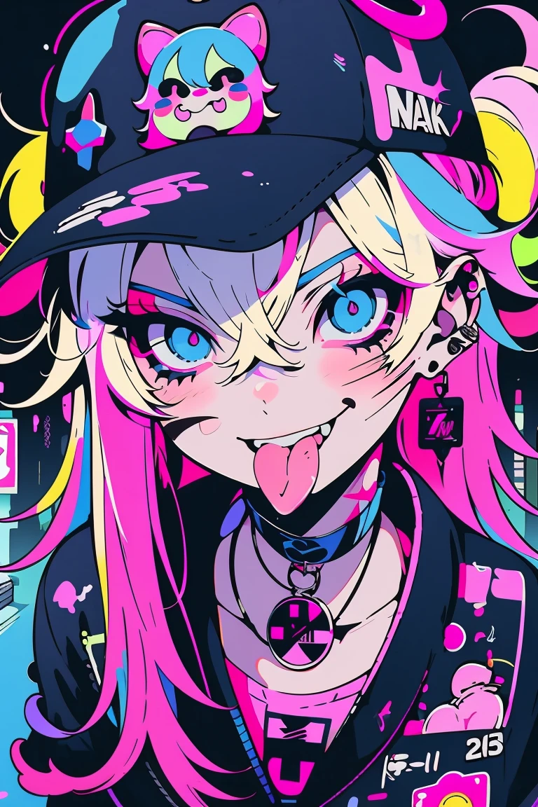 anime girl with a cap and a nask, blond hair, street background in neon pink and blue colors, scars, stickers, smirk face, tongue out
