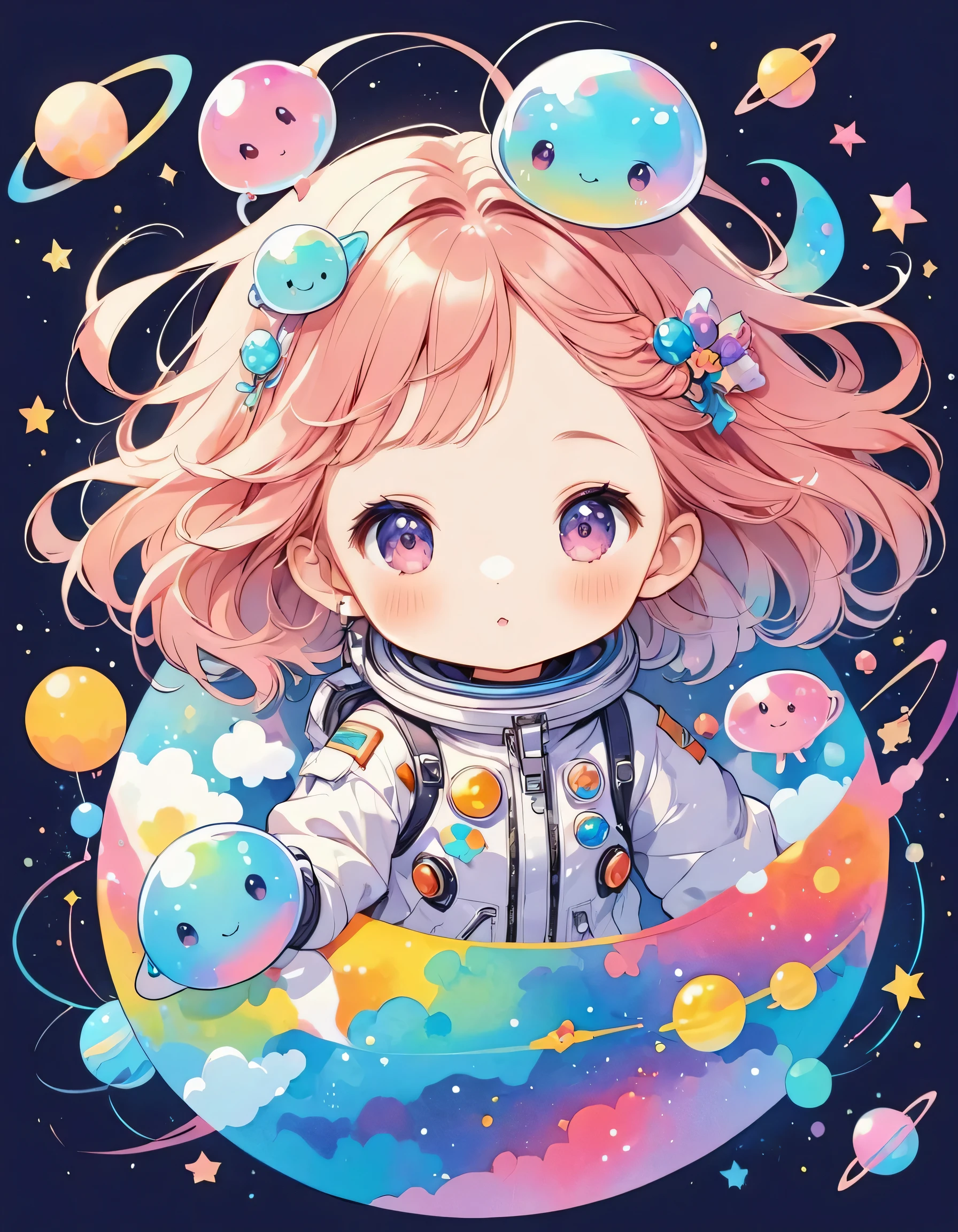 Momoko Sakura colorfull style, Simple Line Initialism，Abstract art,  kawaii design, (((Dream World))), Spacesuit, (((Cute Aliens))), The background is space