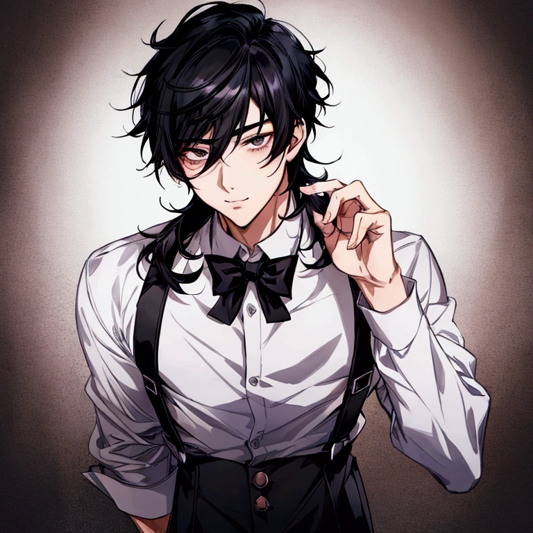 Boy Anime with black hair and black eyes wearing suspenders, anime moe art style, young anime man, eat and drink, handsome anime man, beautiful anime pose, Boy Anime, boy has short black hair, anime portrait of a handsome man, a handsome man,black short hair, male anime character, Ilya Kuvshinov with long hair, male anime style
