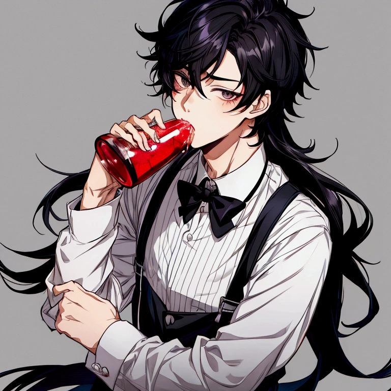 Boy Anime with black hair and black eyes wearing suspenders, anime moe art style, young anime man, eat and drink, handsome anime man, beautiful anime pose, Boy Anime, boy has short black hair, anime portrait of a handsome man, a handsome man，black short hair, male anime character, Ilya Kuvshinov with long hair, male anime style