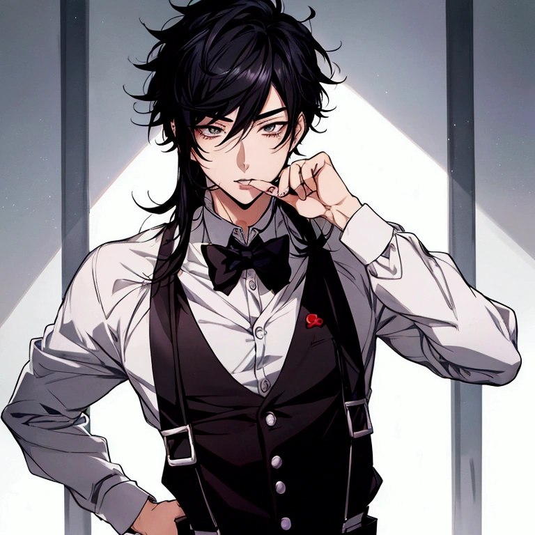 Boy Anime with black hair and black eyes wearing suspenders, anime moe art style, young anime man, eat and drink, handsome anime man, beautiful anime pose, Boy Anime, boy has short black hair, anime portrait of a handsome man, a handsome man,black short hair, male anime character, Ilya Kuvshinov with long hair, male anime style