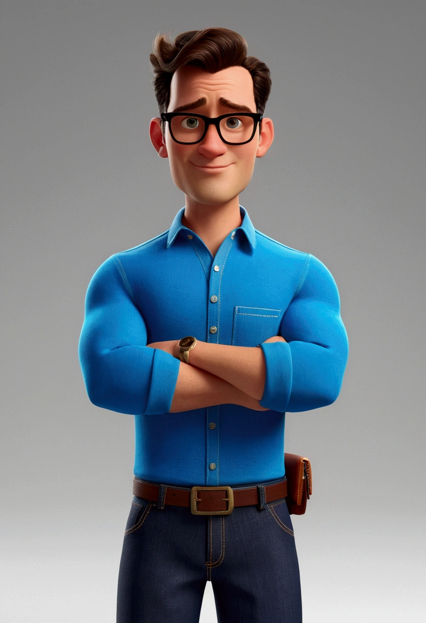 Cartoon character of a man in black glasses and blue shirt, animation character, stylized character, animation style rendering, 3d stylized, Arnold Maya rendering, Stylized 3D rendering, toon render screenshot, 3d character, 3d character, Stylized 3D rendering, 3D character rendering, cartoon character, Personagem de close up, character posing,  (Pixar-style) (master part:1.2) (bokeh) (best qualityer) (skin detailed) (detailed texture) (8k) (Argilla) (cinematic lighting) (sharp focus