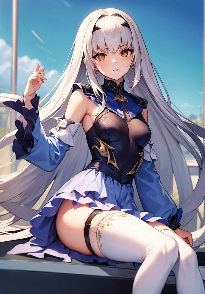 melusine, melusine, (brown eyes:1.5), long hair, white hair, sidelocks, (small breast:1.2),
BREAK blue dress, dress, frills, long sleeves, thighhighs, thighs, white thighhighs,
BREAK looking at viewer,
BREAK outdoors,
BREAK (masterpiece:1.2), best quality, high resolution, unity 8k wallpaper, (illustration:0.8), (beautiful detailed eyes:1.6), extremely detailed face, perfect lighting, extremely detailed CG, (perfect hands, perfect anatomy),