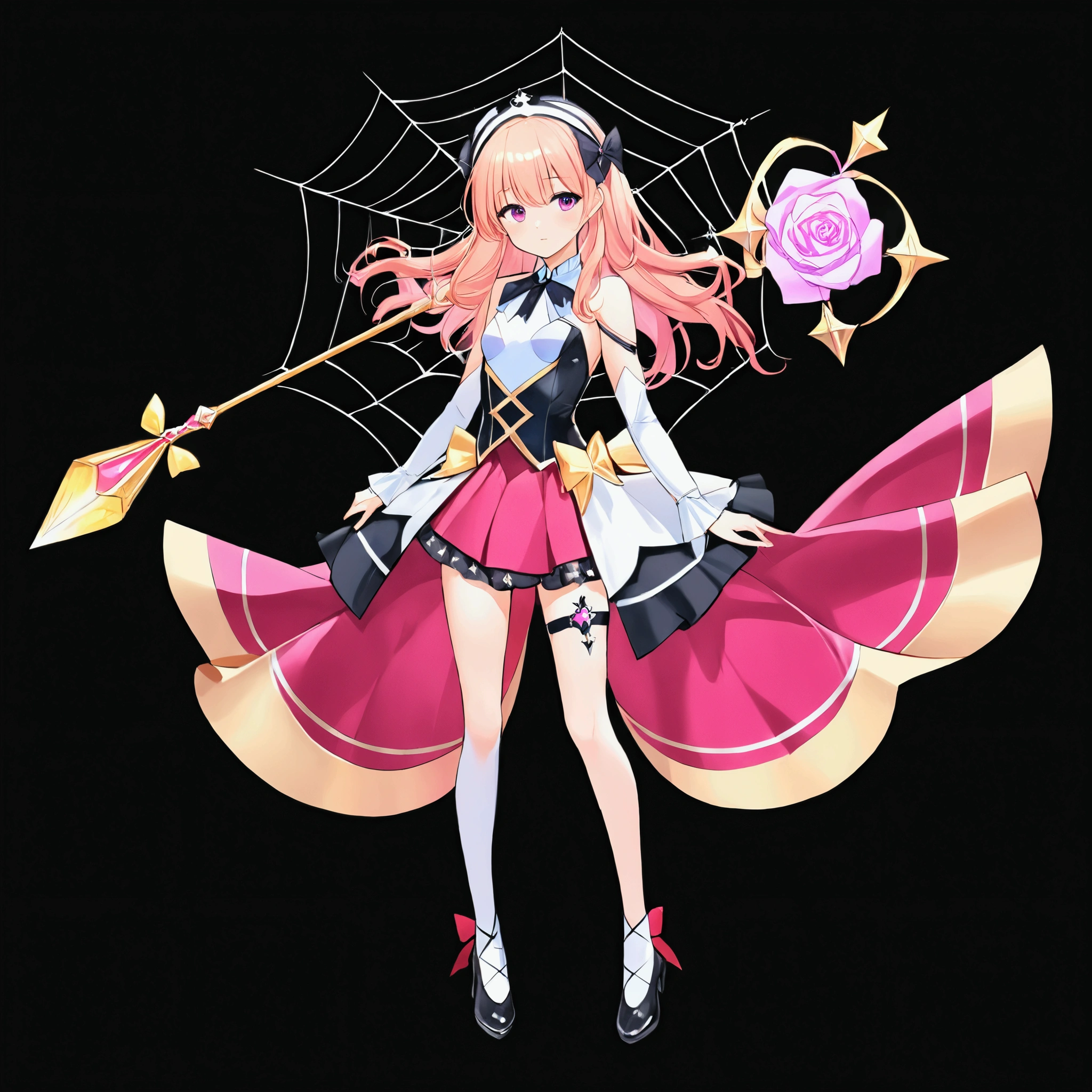 Create an anime-style girl with (((deep magenta eyes and long, wavy pink hair))) ((styled in an elegant frenchbraid)). (((She is slender, and with small breasts))). ((Ensure a full-body shot of her)) wearing a (((pink, gold, and rose gold color magical girl-themed outfit.))) ((The outfit features a spider and spider web theme.)) The overall look is regal and ethereal, with magical glowing effects. cutesexy, purinpuon pixiv, no future, a hyperrealistic , hyperrealistic , realistic , seductive (anime girl), smooth anime cg art, beautiful alluring anime teen, (purinpuon pixiv), ((magical girl)), (masterpiece), best quality, expressive eyes, perfect face ((Highest quality))、((8K))、(((8k wallpaper))) ((Full Body Shot: 1.5))、ultra detailed, masterpiece, best quality, solo ((purinpuon pixiv, no future)) (((purinpuon pixiv, no future)))