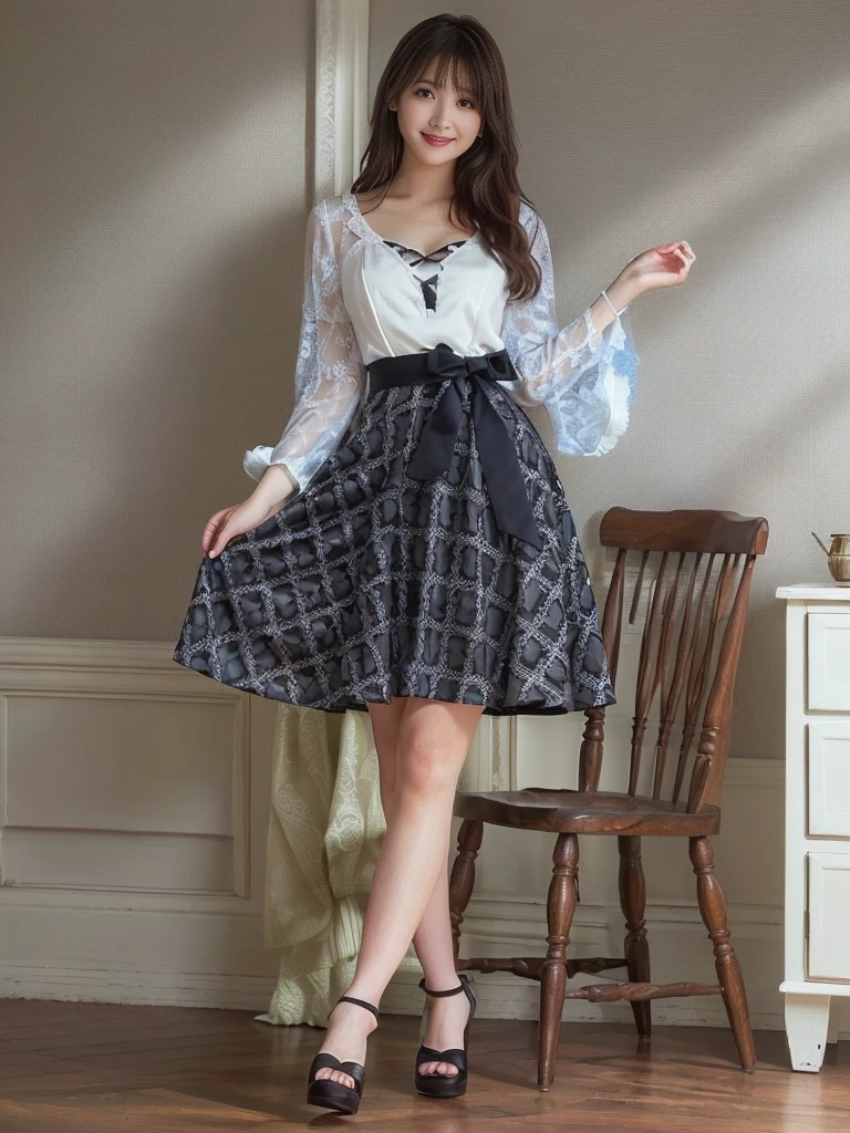 Photo-realistic quality、A 20-year-old Japanese idol woman taking a photo wearing a black and white dress, Black lace tops、Ivory checked skirt、 Narrow waist, Full body photo, Overall view, full - length view, Full body image, Detailed Images, Checked skirt, Wide skirt, high waist white skirt, Romantic Dress, Frock, Wearing long, loose clothing、looking at the camera、Detailed and beautiful eyes、Cute smile、Relaxed and gentle expression