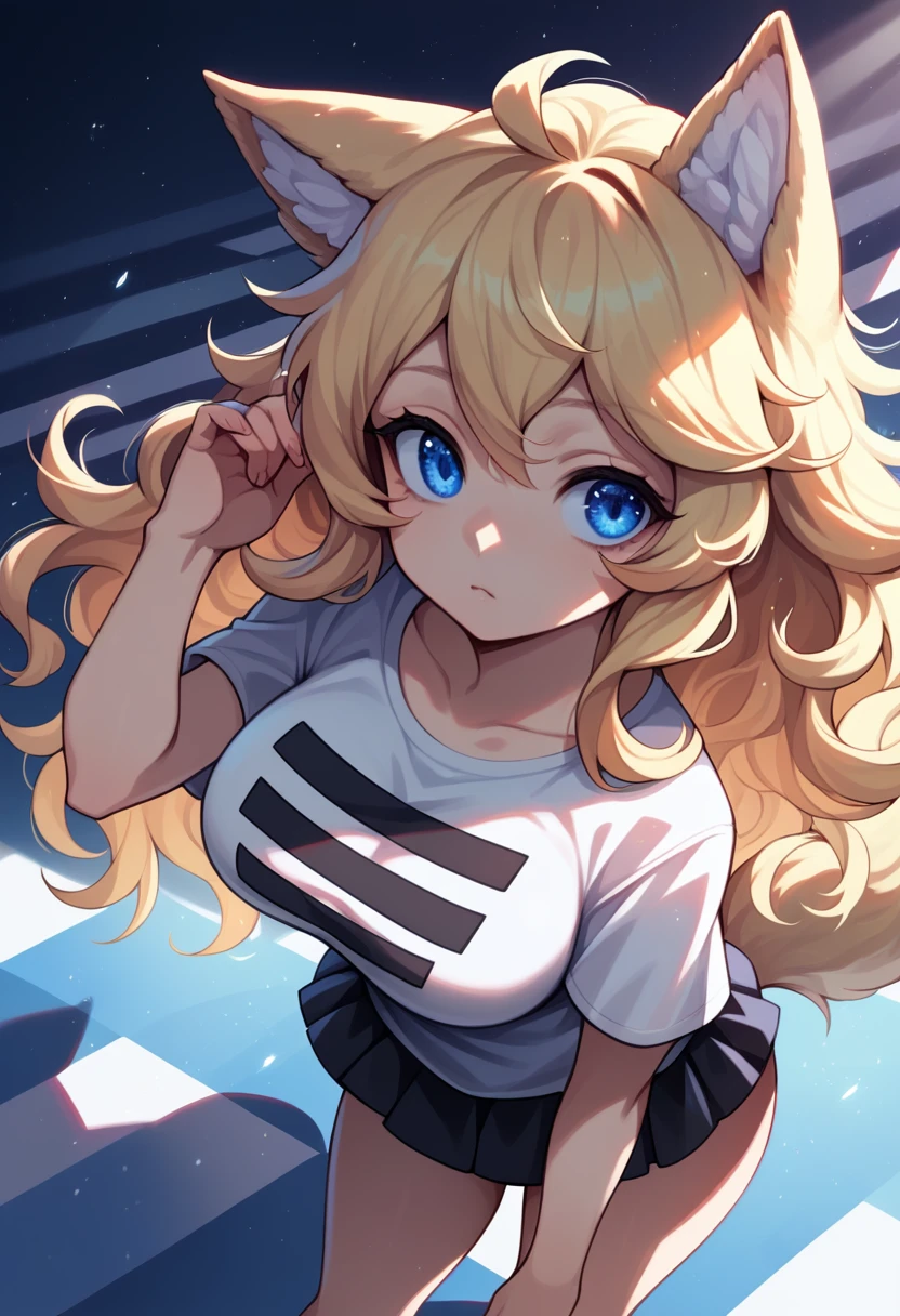 work of art, best qualityer, wolf girl, chic, 1 girl, wolf's ears, wolf tail, cute, corou, looking ahead at viewer, From  above, Wavy blonde hair, mini-skirt, white and black striped t-shirt, blue colored eyes, gorgeous eyes, beautiful background, light particles, Sun'rays, dramatic lighting, out, Ablaze, realisitic, work of art, best qualityer, ultra-detailded, detailded, Scenario, beautiful detailded eyes, detailded hair. (Big breasts and an exaggeratedly big ass).
