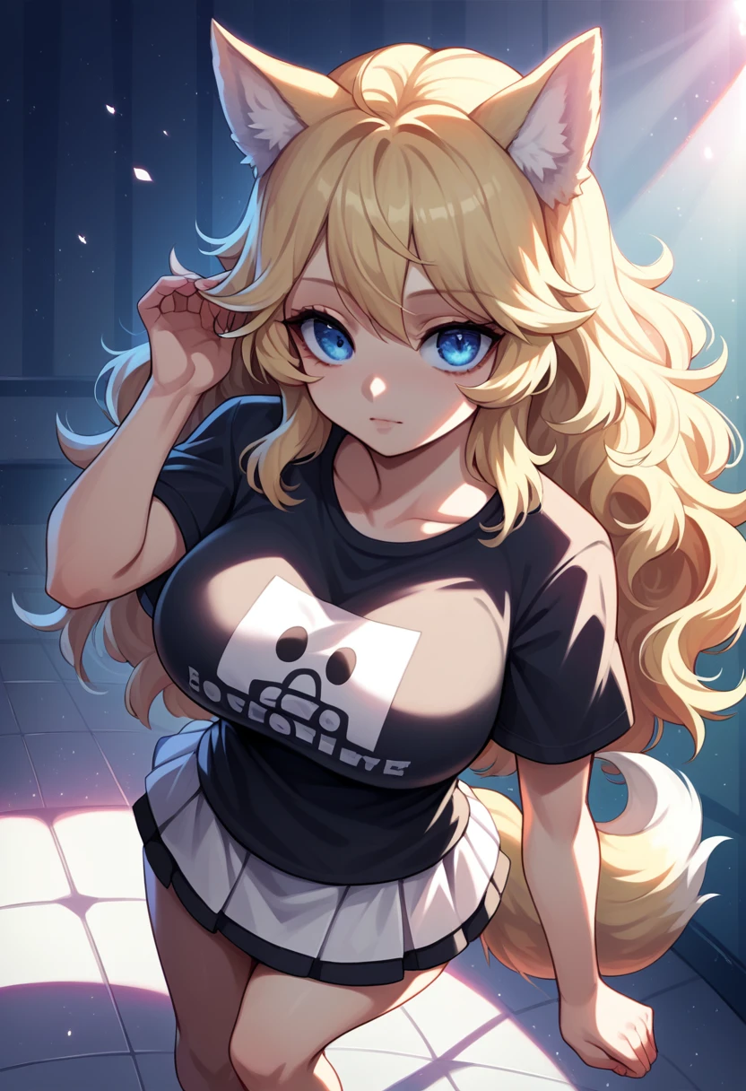 work of art, best qualityer, wolf girl, chic, 1 girl, wolf's ears, wolf tail, cute, corou, looking ahead at viewer, From above, Wavy blonde hair, mini-skirt, white and black striped t-shirt, blue colored eyes, gorgeous eyes, beautiful background, light particles, Sun'rays, dramatic lighting, out, Ablaze, realisitic, work of art, best qualityer, ultra-detailded, detailded, Scenario, beautiful detailded eyes, detailded hair. (Big breasts and an exaggeratedly big ass).