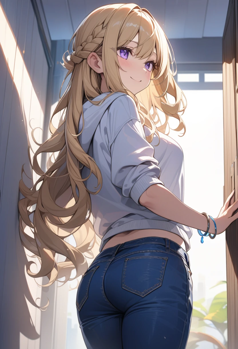 masterpiece, best quality, extremely detailed, ultra detailed, flat anime, 2D,
1girl, (young adult:1.2),blonde hair, (semi-long hair:1.2), curly hair, french braid, medium breasts, purple eyes, tsurime, height 1.7meters,
white hooded sweatshirt, jeans,bracelet, long sleeves,socks,
smile,It's peeking out from behind the wall to the side.,
upper body,from behind, (dynamic:1.2),looking away,looking at another,
summer, livingroom, 12AM., standing