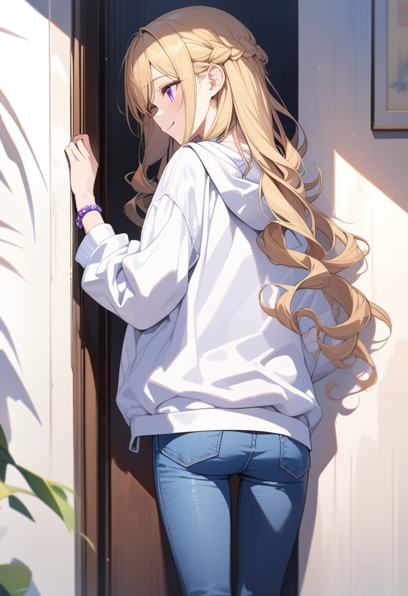 masterpiece, best quality, extremely detailed, ultra detailed, flat anime, 2D,
1girl, (young adult:1.2),blonde hair, (semi-long hair:1.2), curly hair, french braid, medium breasts, purple eyes, tsurime, height 1.7meters,
white hooded sweatshirt, jeans,bracelet, long sleeves,socks,
smile,It's peeking out from behind the wall to the side.,
upper body,from behind, (dynamic:1.2),looking away,looking at another,
summer, livingroom, 12AM., standing