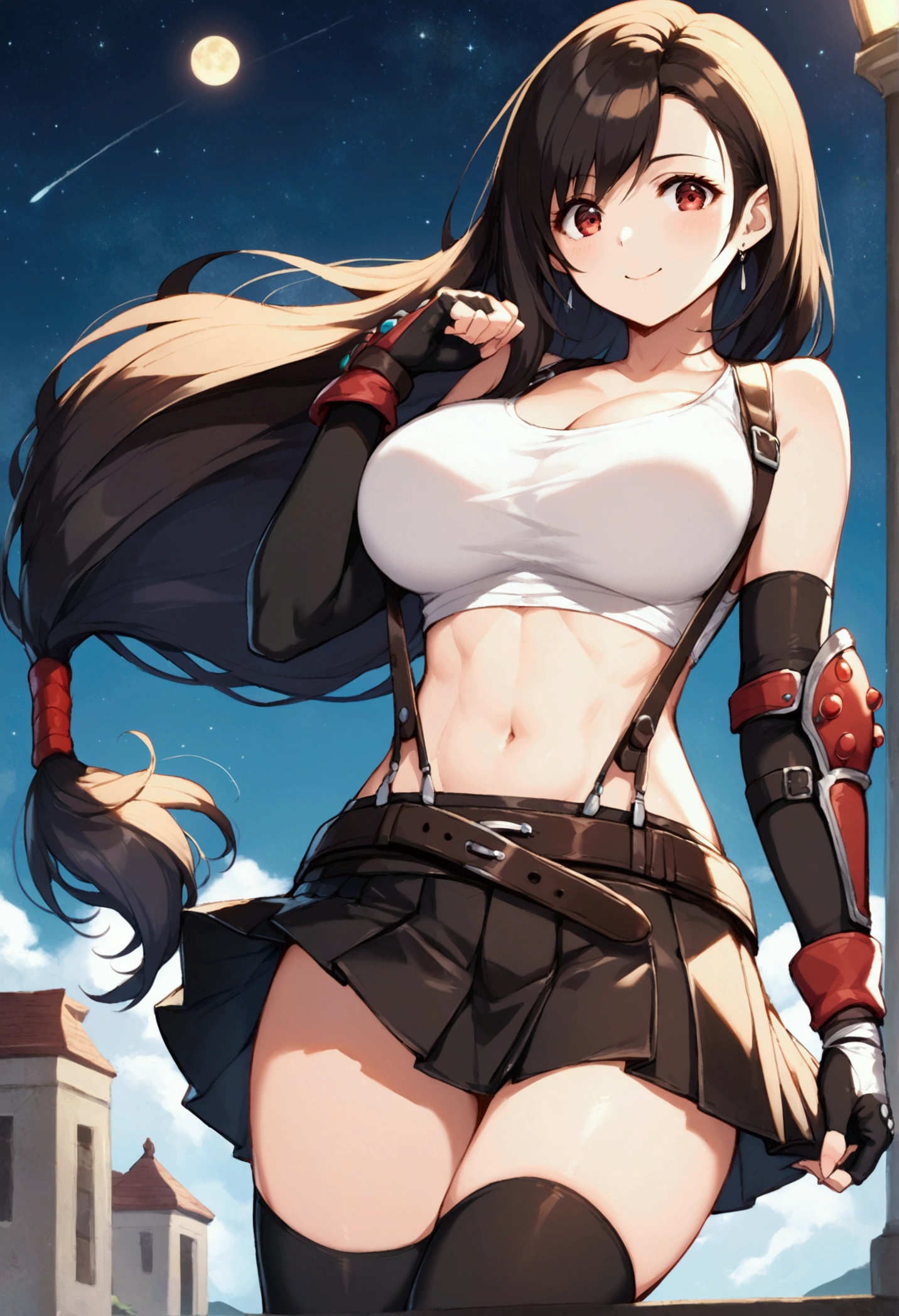 (score_9,score_8_up,score_7_up), masterpiece, best quality, 
newest, recent, perfect anatomy,
official art, very aesthetic,back pose,,,(upperbody) ,Solo,1girl, tifa lockhart, final fantasy,black hair, low-tied long hair, red eyes, bangs, (white tank top,gap),(High exposure，Belly exposure，the ribs)，(belt, pleated skirt, thighhighs, elbow fingerless gloves, elbow pads, midriff, navel,suspenders.skirt),beautiful waist ,(large_breast:1.3),light smile,,,outdoor,star sky,night, 　　