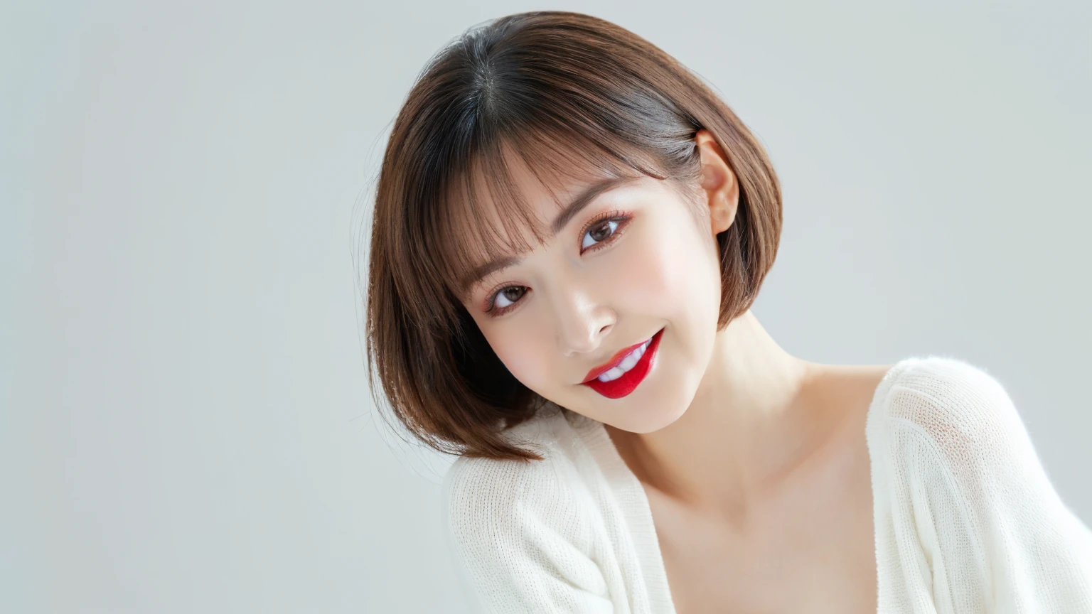 (Highest quality、Tabletop、8k、Best image quality、Award-winning works)、Cute beauty、(Short Bob Hair:1.1)、(alone:1.2)、(White fitted V-neck long sleeve knit:1.2)、(Close-fitting V-neck long-sleeve knit:1.1)、(The simplest pure white background:1.6)、(Perfectly fixed in front:1.1)、Face close-up、(Very large breasts:1.3)、(Accentuate your body lines:1.2)、(Perfect female front and side portrait with proper margins:1.2)、(Perfect femininity from the side and the front:1.2)、Beautiful and exquisite、Look at me and smile、(Upright photo from the chest up:1.2)、(Turn around and look straight at me:1.2)、(Perfect Makeup:1.1)、Bright lipstick、Ultra-high definition beauty face、Ultra HD Hair、Ultra HD Shining Eyes、Ultra High Resolution Perfect Teeth、Super high quality glossy lip、Accurate anatomy、Very beautiful skin、(Pure white skin shining in ultra-high resolution:1.2)、(Very bright:1.3)