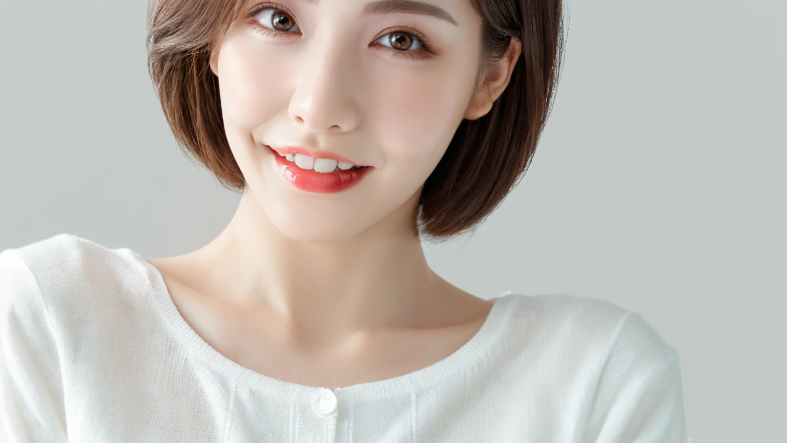 (Highest quality、Tabletop、8k、Best image quality、Award-winning works)、Cute beauty、(Short Bob Hair:1.1)、(alone:1.2)、(White fitted V-neck long sleeve knit:1.2)、(Close-fitting V-neck long-sleeve knit:1.1)、(The simplest pure white background:1.6)、(Perfectly fixed in front:1.1)、Face close-up、(Very large breasts:1.3)、(Accentuate your body lines:1.2)、(Perfect female front and side portrait with proper margins:1.2)、(Perfect femininity from the side and the front:1.2)、Beautiful and exquisite、Look at me and smile、(Upright photo from the chest up:1.2)、(Turn around and look straight at me:1.2)、(Perfect Makeup:1.1)、Bright lipstick、Ultra-high definition beauty face、Ultra HD Hair、Ultra HD Shining Eyes、Ultra High Resolution Perfect Teeth、Super high quality glossy lip、Accurate anatomy、Very beautiful skin、(Pure white skin shining in ultra-high resolution:1.2)、(Very bright:1.3)