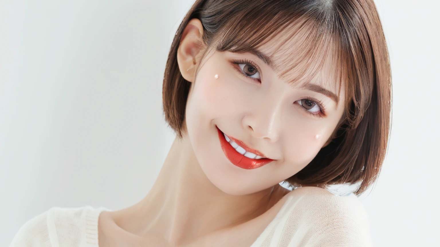 (Highest quality、Tabletop、8k、Best image quality、Award-winning works)、Cute beauty、(Short Bob Hair:1.1)、(alone:1.2)、(White fitted V-neck long sleeve knit:1.2)、(Close-fitting V-neck long-sleeve knit:1.1)、(The simplest pure white background:1.6)、(Perfectly fixed in front:1.1)、Face close-up、(Very large breasts:1.3)、(Accentuate your body lines:1.2)、(Perfect female front and side portrait with proper margins:1.2)、(Perfect femininity from the side and the front:1.2)、Beautiful and exquisite、Look at me and smile、(Upright photo from the chest up:1.2)、(Turn around and look straight at me:1.2)、(Perfect Makeup:1.1)、Bright lipstick、Ultra-high definition beauty face、Ultra HD Hair、Ultra HD Shining Eyes、Ultra High Resolution Perfect Teeth、Super high quality glossy lip、Accurate anatomy、Very beautiful skin、(Pure white skin shining in ultra-high resolution:1.2)、(Very bright:1.3)