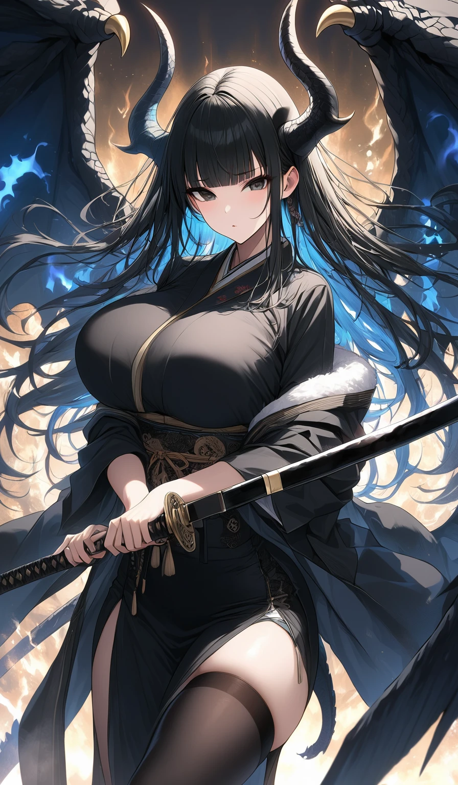 Masterpiece, very detailed, ultra detailed, one, (1 woman), Photo of a woman in a short Japan yukate with gold detal and black stockings, with a black katana in her hands an aura of kill, with black eyes, long black straight hair and straight bangs, with huge breasts, she with black demonic horns and black dragon wings, around her an aura of kill